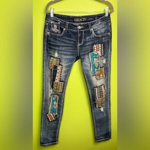 Grace In LA Skinny Slouch Jeans Blue Patchwork Mid Rise Boho size 27